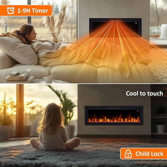 54 Electric Fireplace, Recessed, Wall Mounted and Freestanding Fireplace Heater, Adjustable Flame Color, Speed & Brightness, Thermostat, 9H Timer, Child Lock