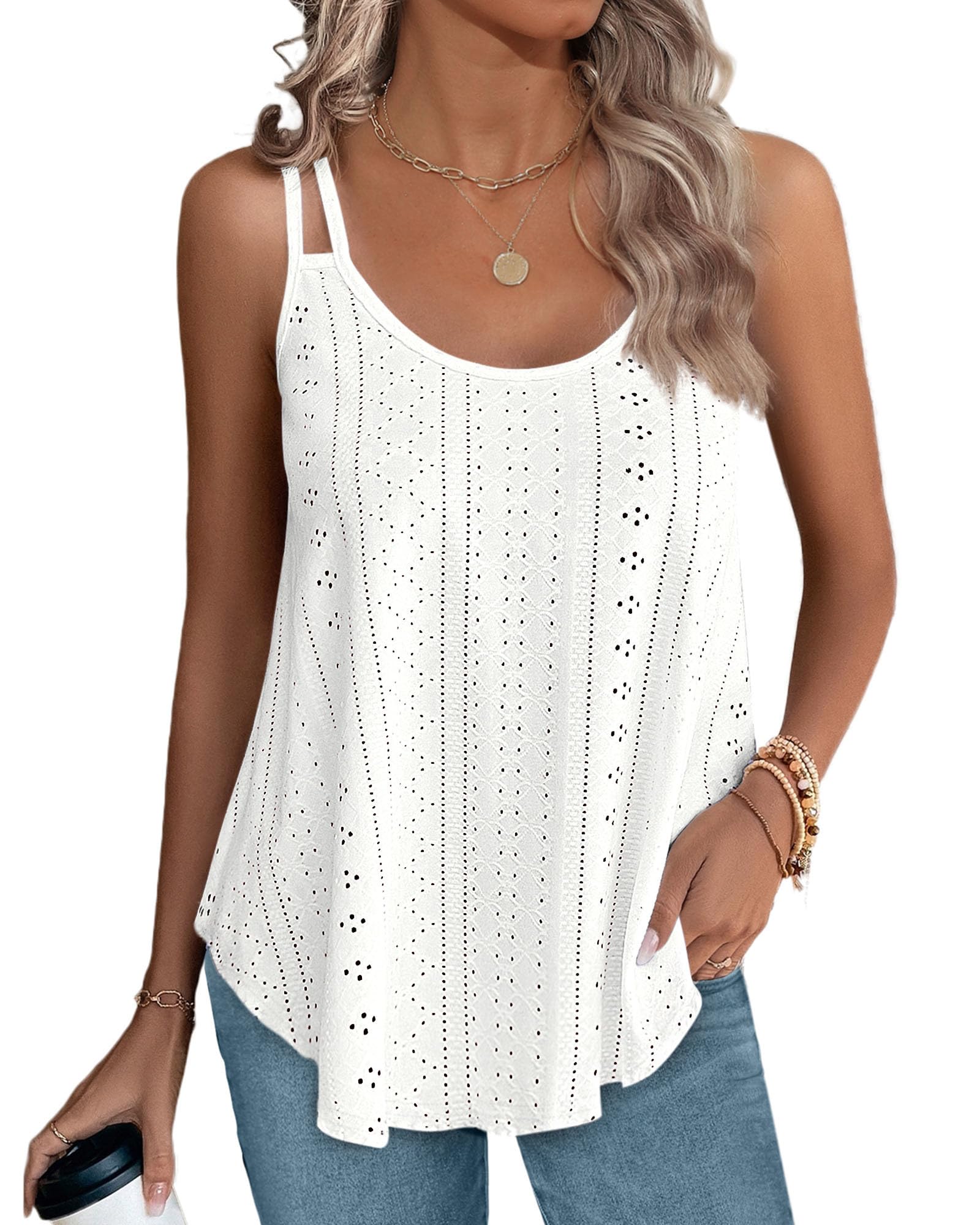 Womens Tank Tops Spaghetti Strap Camisoles Eyelet Embroidery Scoop Neck Tops