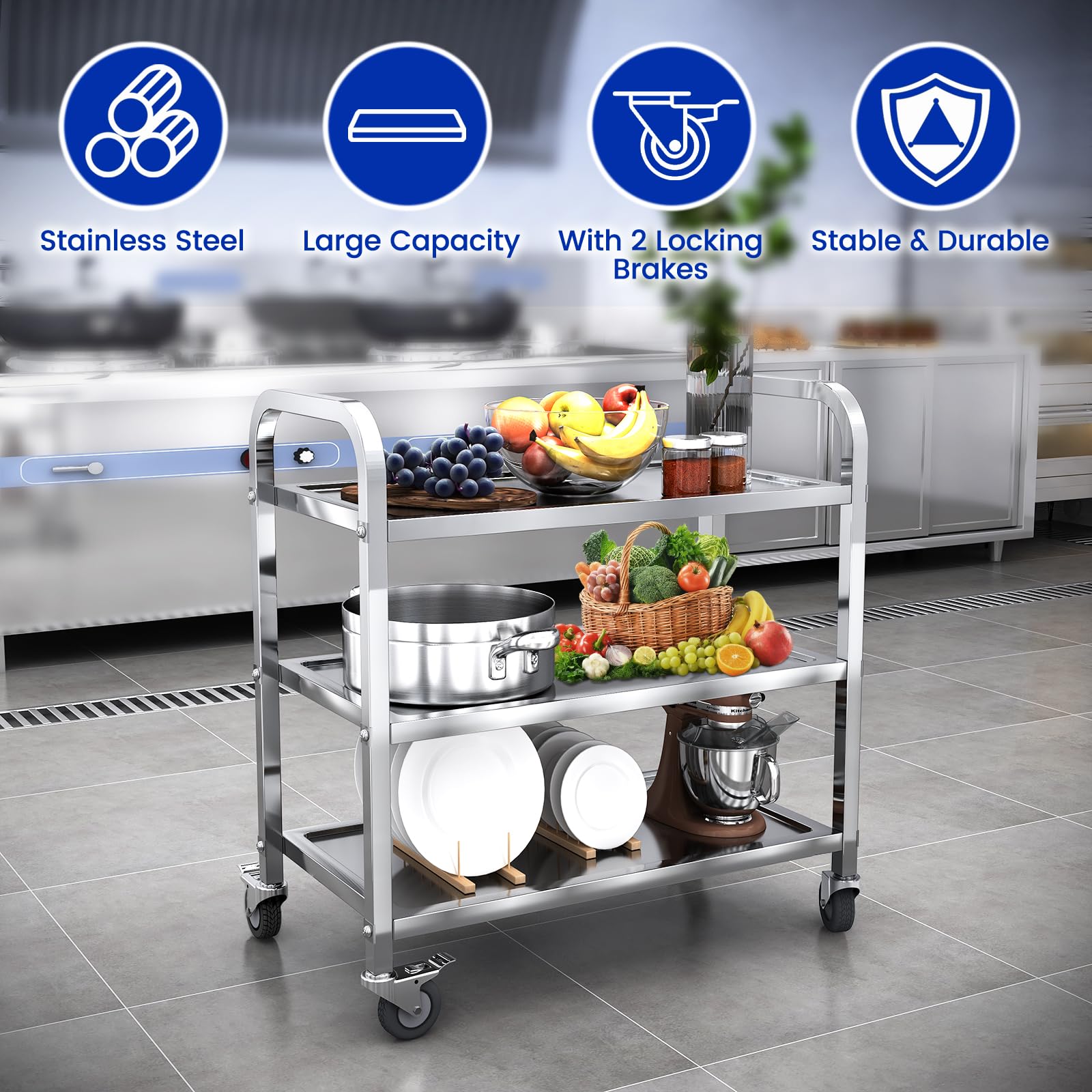 Carrello da cucina a 3 ripiani in acciaio inox, 75 x 40 x 83,5 cm, grande carrello da portata con ruote di bloccaggio, per cucina, hotel, ristoranti