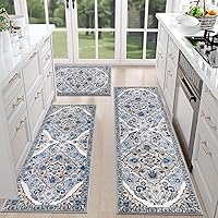 HEBE Farmhouse Kitchen Rugs Set of 3 Non-Slip Washable Boho Mats & Runner for Kitchen, Laundry, Hallway - 0.3" Thick Durable Polypropylene