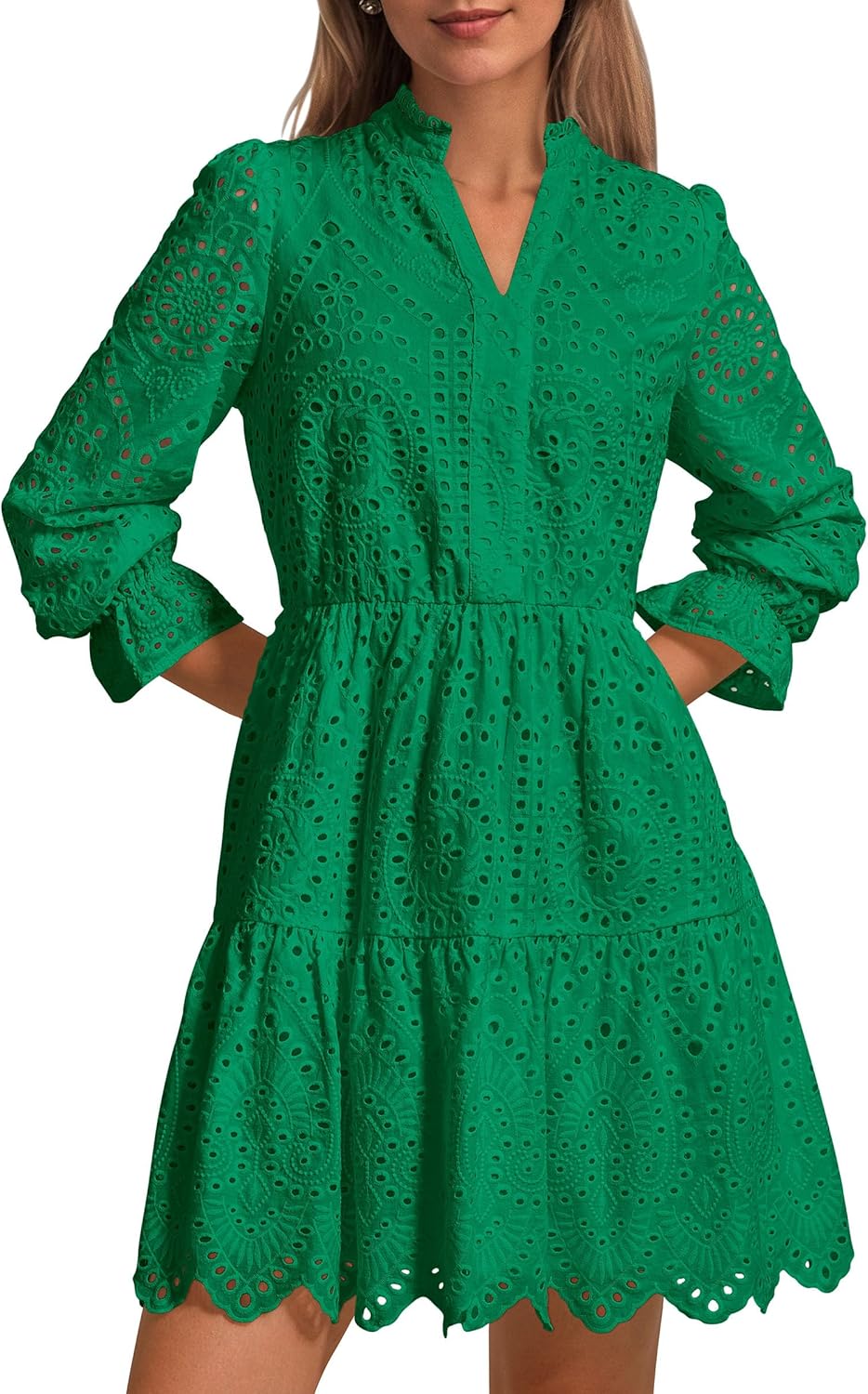 Women's Puff Sleeve Mini Dress with V Neck, Lace Detail