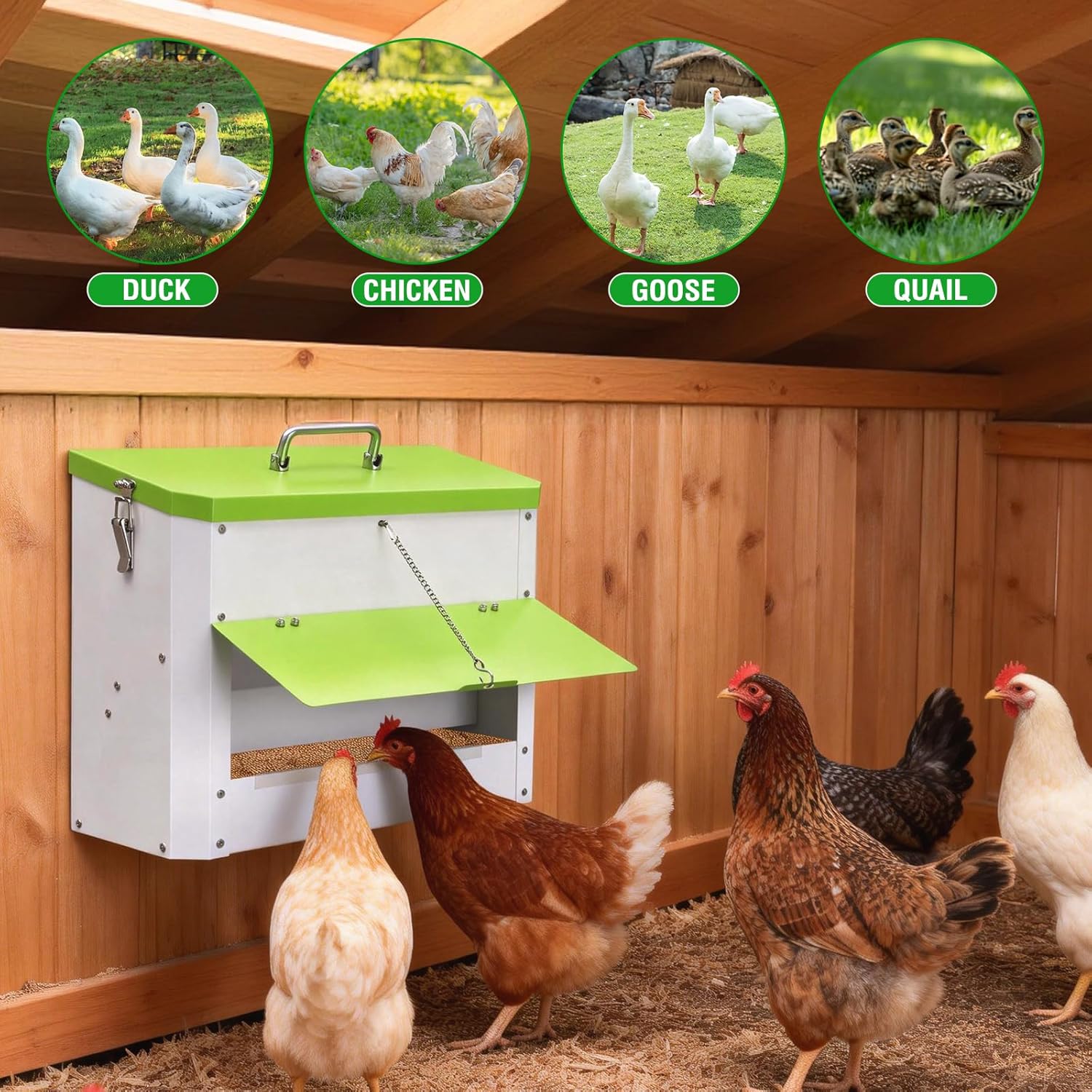 25LBS Automatic Chicken Feeder-No Waste Metal Poultry Feeder with View Window & Rain Cover,Hanging Chicken Food Dispenser for Outdoor Coops，No Assembly, Rodent Proof