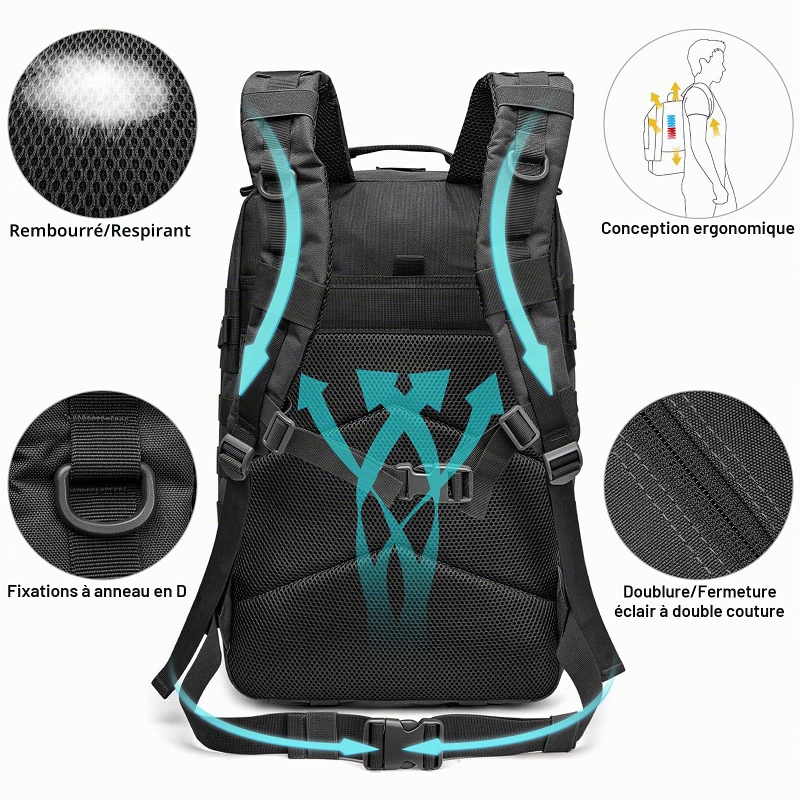 G4Free Sac à dos Molle de 40 L - Grand sac à dos Molle - Sac à dos à bandoulière - Pour randonnée, camping, trekking, chasse