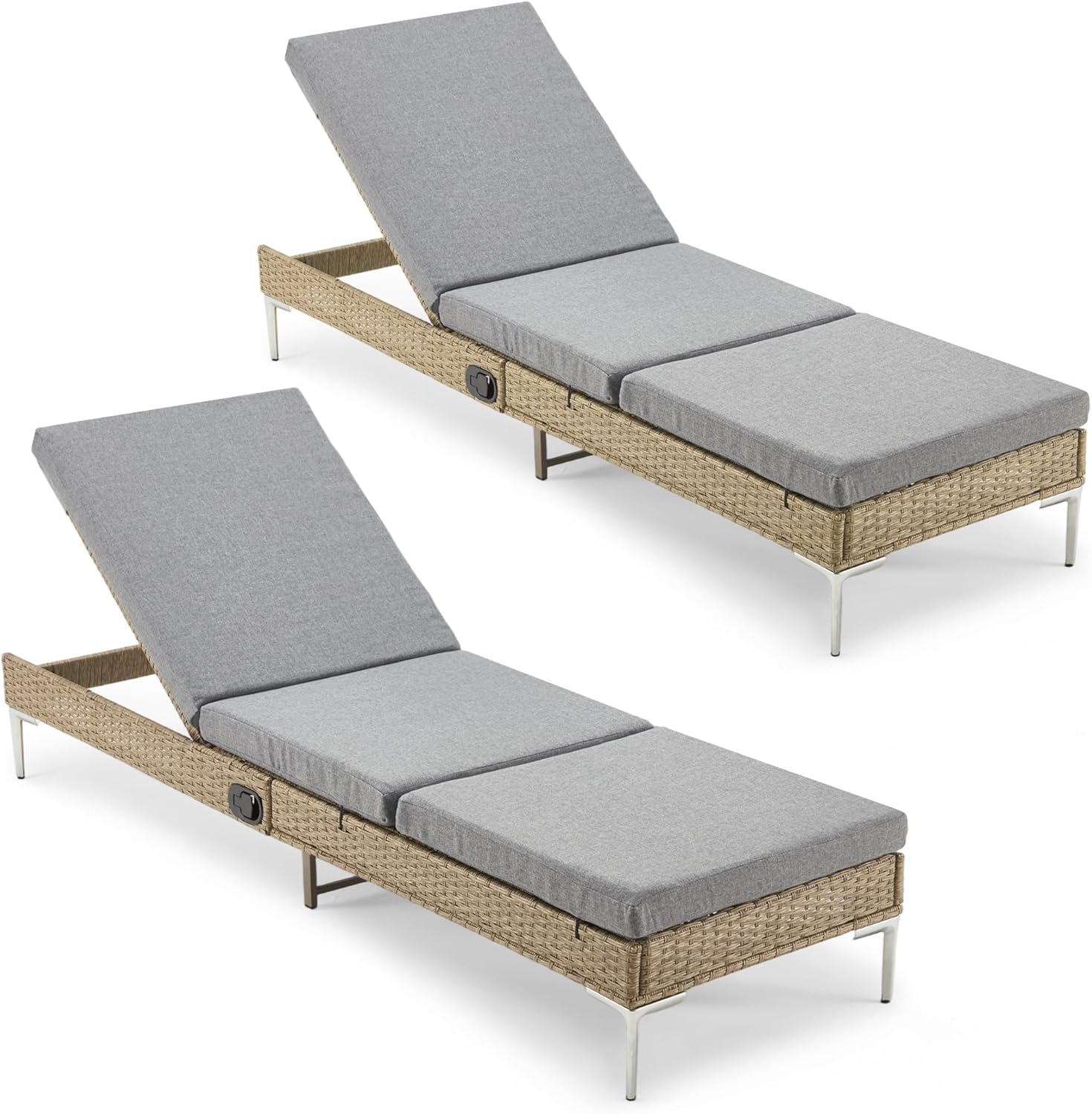 HOMREST Outdoor Chaise Lounge Chair Set of 2, Patio Wicker Lounge Recliner with Adjustable Backrest, Rattan Pool Sunbathing Chaise with Removable Cushion (Grey)