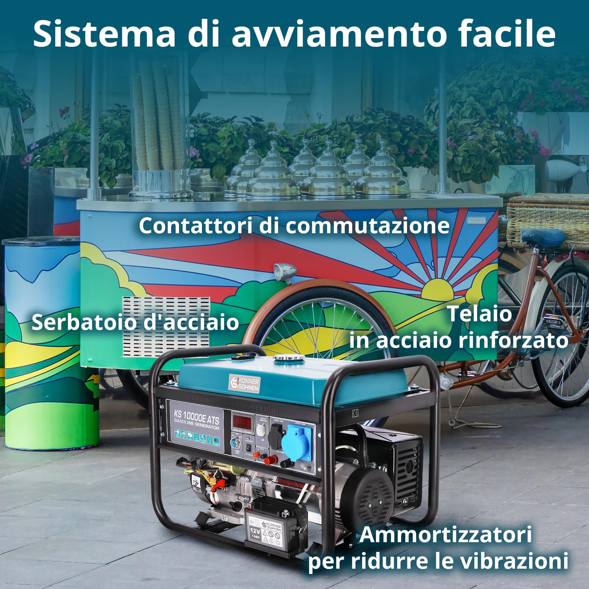 Generatore di corrente Könner & Söhnen KS 10000E ATS - generatore benzina Motore 4 tempi con avviamento elettrico, regolatore automatico di tensione 230V, alimentazione automatica di emergenza, 8KW