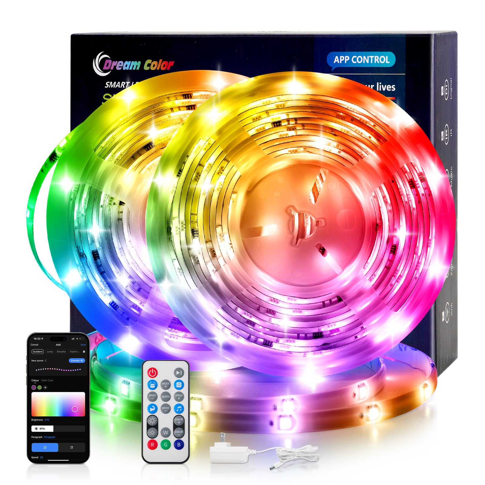 LED Lights for Bedroom, 32.8ft(2 Rolls of 16.4ft) Smart RGB+IC LED Strip Lights with App/Remote Control, Music Sync Color Changing Flexible LED Lights with 64 Scene Modes for Party, Home, Gaming