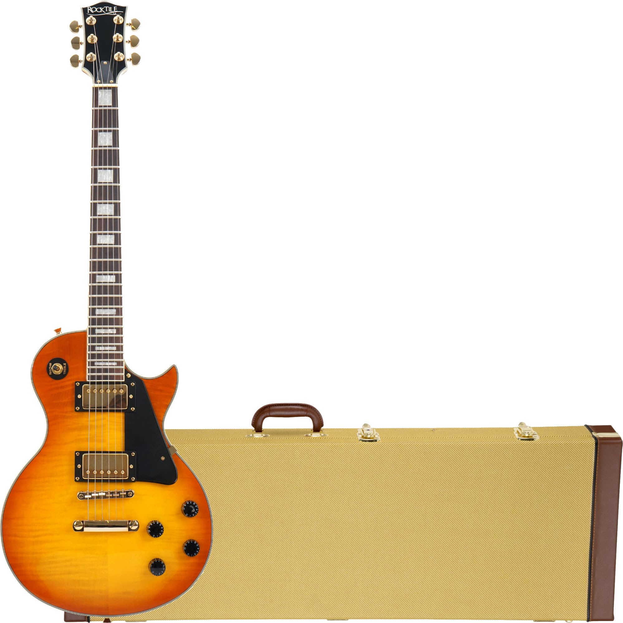 Rocktile Pro L-200OHB E-Gitarre Set mit Hardcase - Korpus: Mahagoni - 2 Humbucker Tonabnehmer - geleimter Ahorn-Hals - Palisander Griffbrett - Tune-O-matic Bridge - Orange Honey Burst