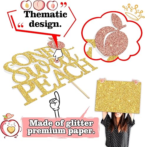 Miniatura 6 de Miss Onederful One Sweet Peach Cake Topper, decoración de cumpleaños, 1 purpurina dorada y rosa