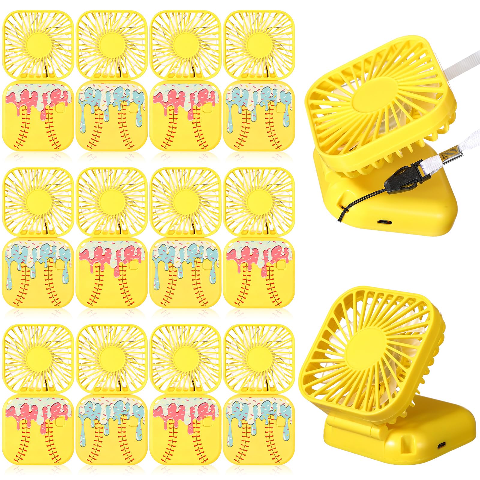 Retisee 12 Pcs Ice Cream Drip Softball Mini Portable Handheld Fans 3 Speed USB Rechargeable Necklace Fans Bulk 180° Foldable Electric Personal for Sport Party Favors Team Game Gift(Yellow)