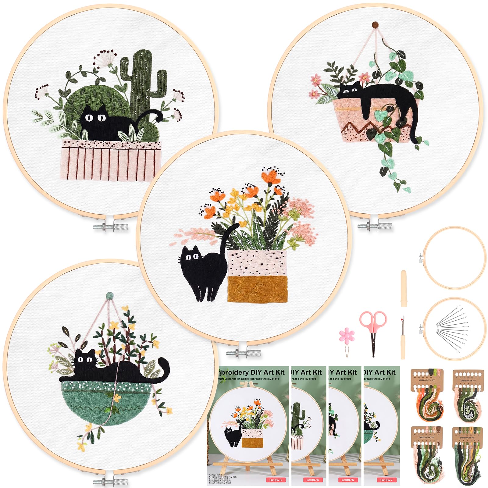 Homwiz Kit Broderie Debutant, 4 Kits de Broderie pour Motifs Floraux et Végétaux, avec 2 Cercles en Bambou Fils Colorés Instructions Aiguille Ciseaux pour Enfants Artisanat DIY (Havre des Chats)