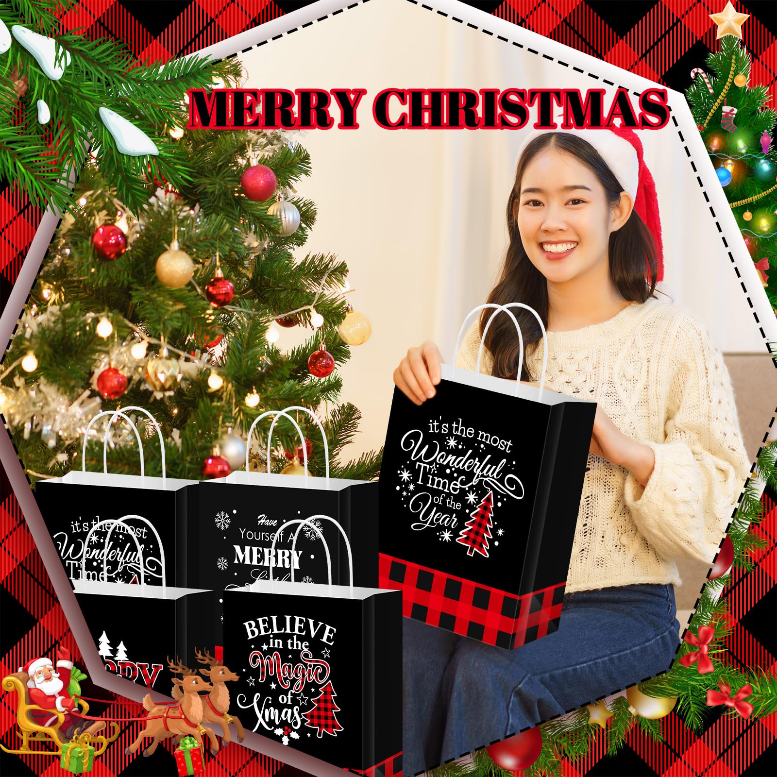 Qilery 100 bolsas de regalo de papel a cuadros de búfalo de Navidad, bolsas de dulces de Navidad con asa, bolsas de regalo de fiesta a cuadros para regalos de Navidad, envolver suministros de fiesta