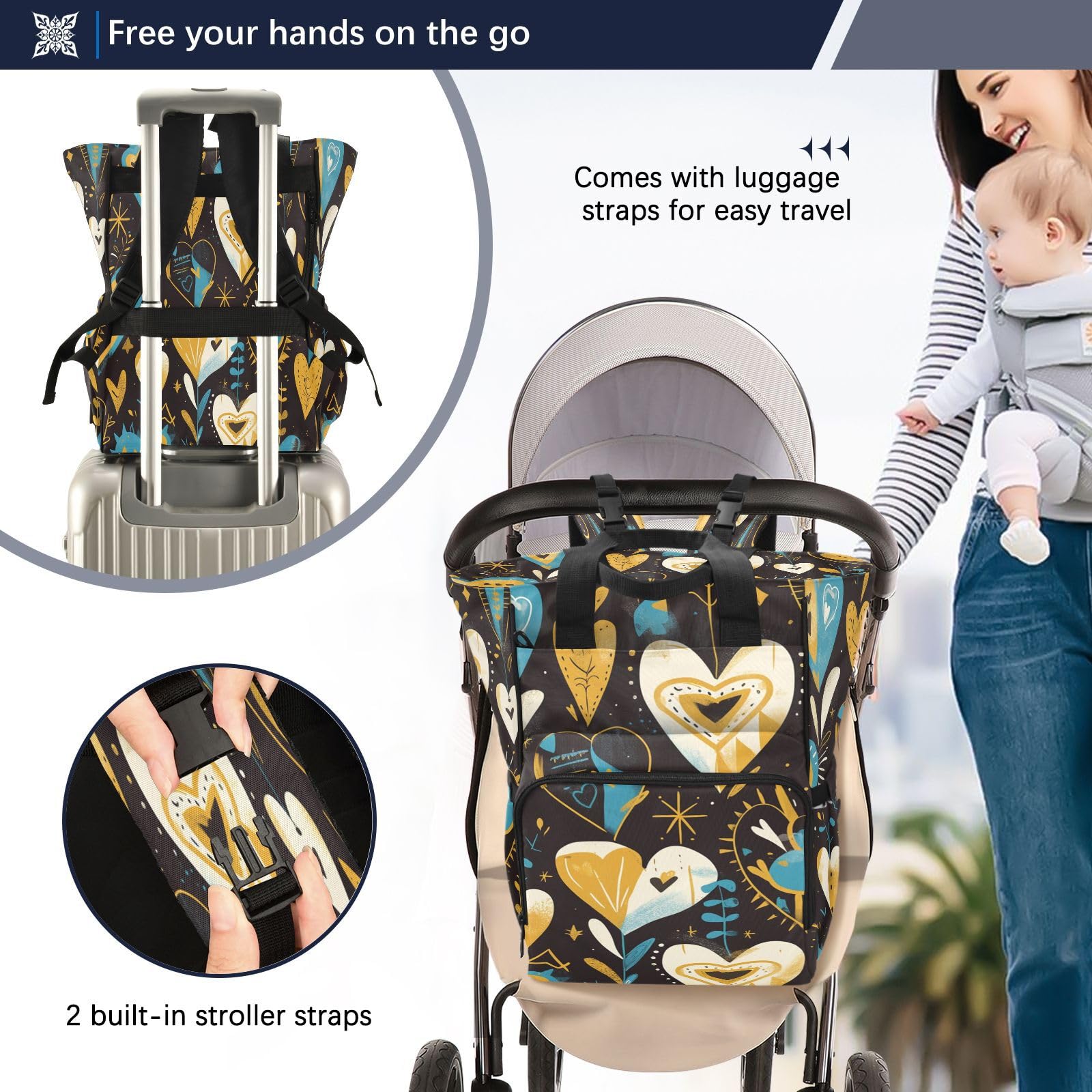 Corazones Azules Dorados Estrellas Bolsa de Pañales Mochila de Viaje Gran Capacidad Bolsas para Mamá Papá Mujeres Niñas