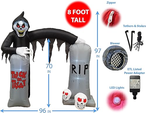 Miniatura 3 de Fantasmas inflables gigantes de Halloween de 8 pies, esqueleto, parca, calaveras, lápida, arco, luces LED iluminadas para interiores y exteriores,