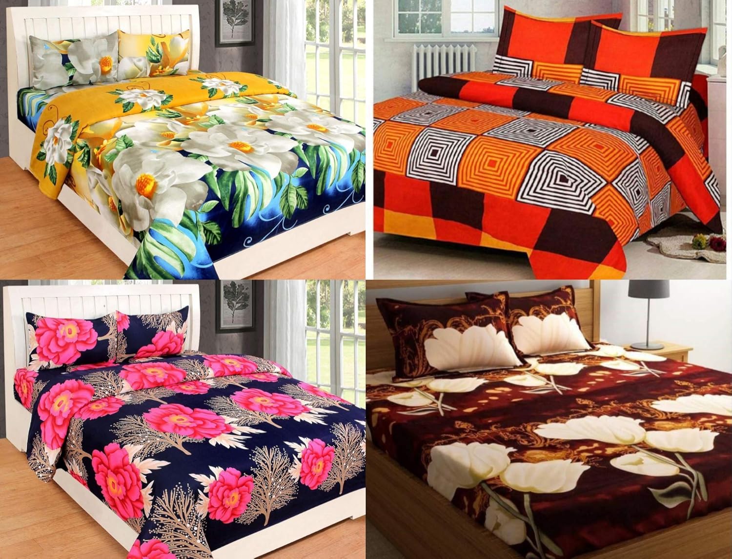 N G PRODUCTS 3D Polycotton Double Bedsheets with Combo Pack of 4 (Set