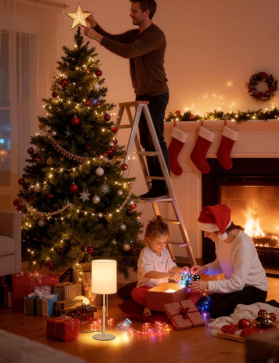 Tubicen Gold Table Lamp Plug in with Pull Chain 23.6" H Tall Thin Bedside Lamps with Small Fabric Shade Base Dimmable Modern Adjustable Height Table Lamps for Living Room Bedroom Office