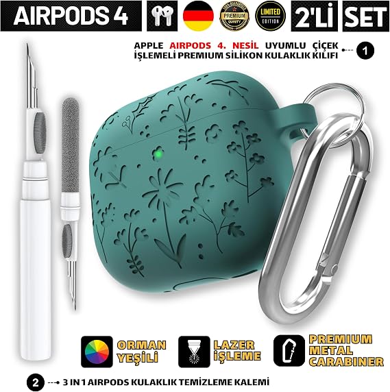 AirPods 4. Nesil Uyumlu Çiçek İşlemeli Premium Silikon Kulaklık Kılıfı ve 3'ü 1 Arada Bluetooth Kulaklık Temizleme Kalemi Seti (Orman Yeşili)