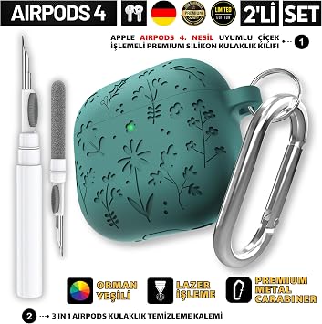 AirPods 4. Nesil Uyumlu Çiçek İşlemeli Premium Silikon Kulaklık Kılıfı ve 3'ü 1 Arada Bluetooth Kulaklık Temizleme Kalemi Seti (Orman Yeşili)