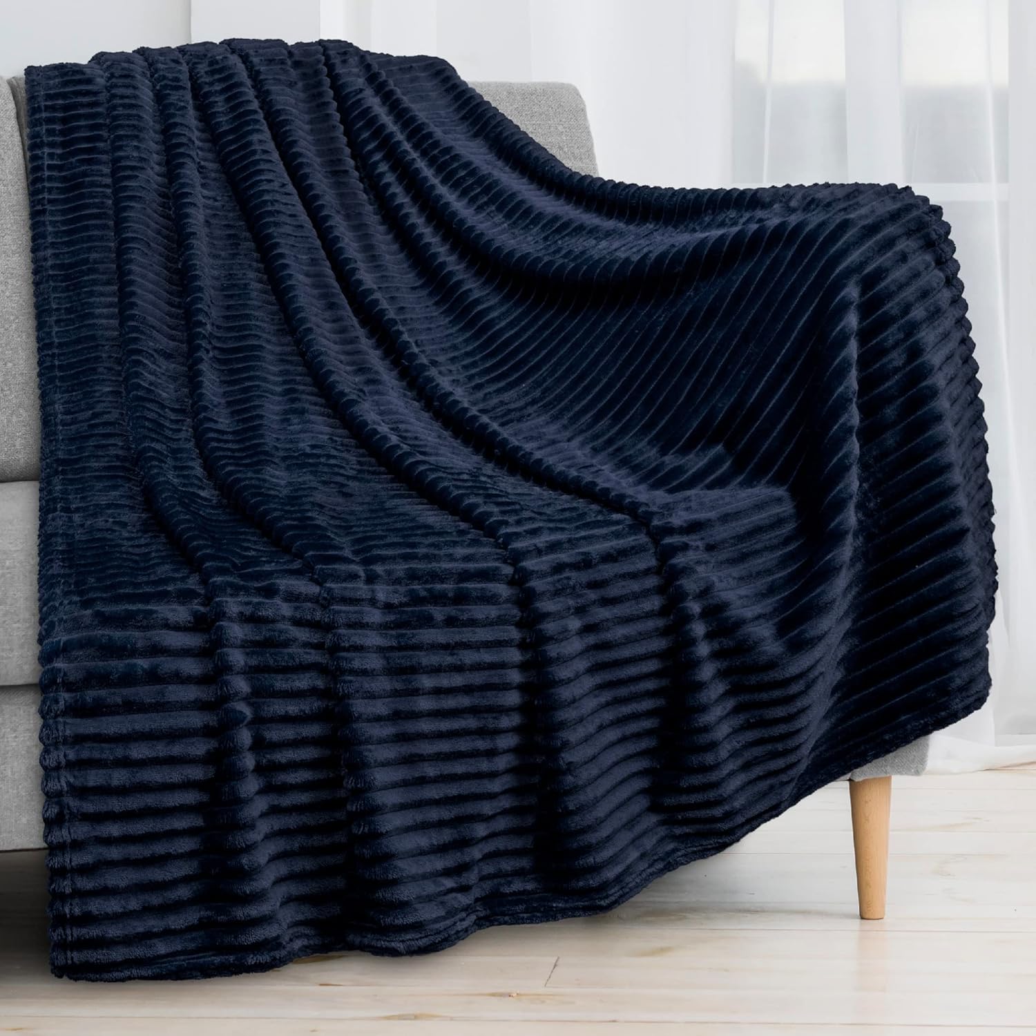 PAVILIA Super Soft Fleece Throw Blanket Navy Blue, Luxury Fuzzy Plush Flannel Throw, Warm Cozy Ribbed Microfiber Blanket for Sofa Couch Bed, Lightweight Striped Blanket, Navy, 50x60 - Image 8