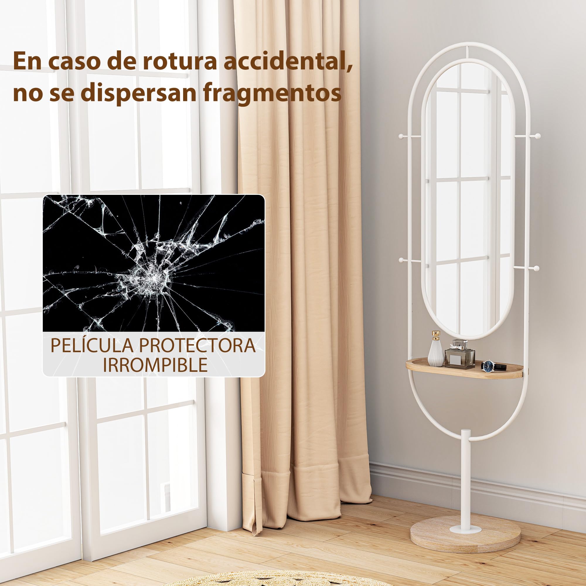 HOMCOM Specchio a pavimento con vassoio in legno 175.5x50cm, Bianco