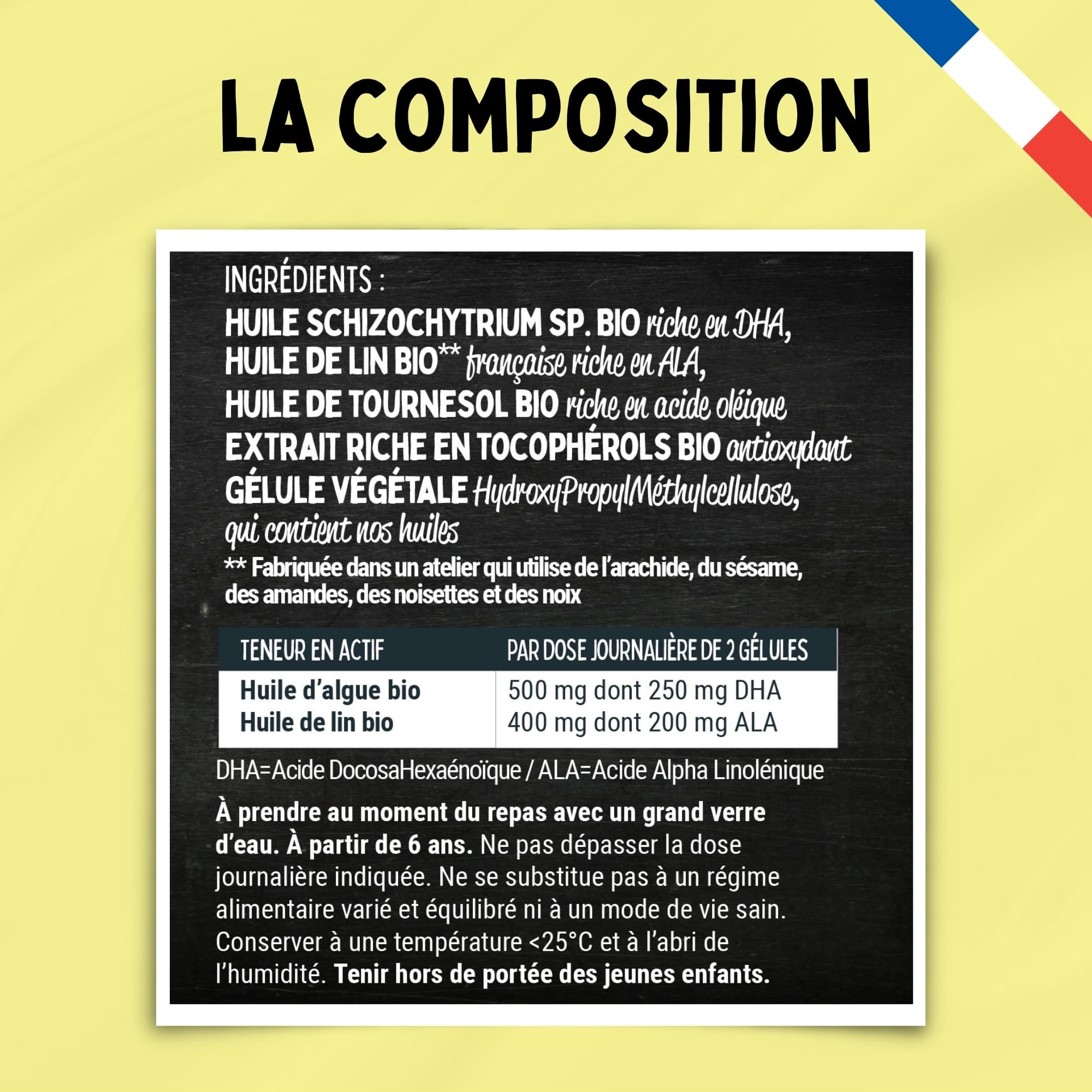 Oméga 3 Vegan & Bio - 250 mg DHA + 200 mg ALA - Microalgue & Huile de Lin Française - Cerveau & Vision - 1er DHA Certifié Bio - Fabrication Française - Cure 1 Mois (60 Gélules)