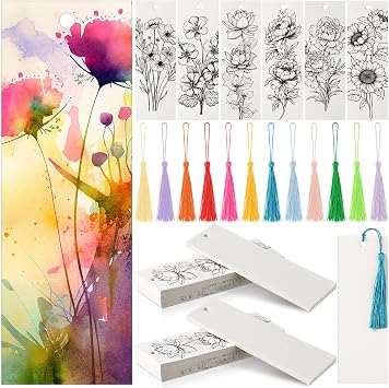 Sinmoe 120 Pcs Color Your Own Bookmarks 6 Styles Watercolor Bookmarks to Paint Card Stock Paper Watercolor Colorful Tassels Craft DIY for Classroom Projects Gifts Tags 5.9 x 2 InchFlower