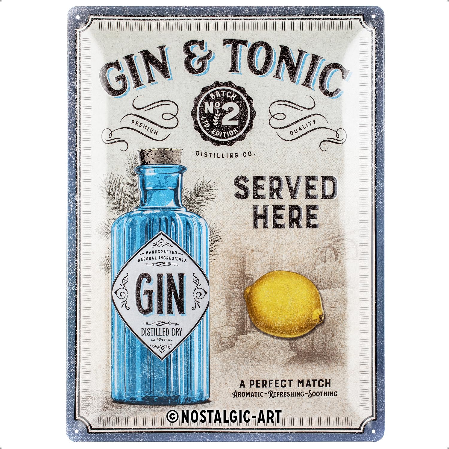 Nostalgic-Art Retro tabliczka z blachy, 30 x 40 cm, Gin & Tonic Served Here – Pomysł na prezent dla miłośników barów, z metalu, Styl vintage