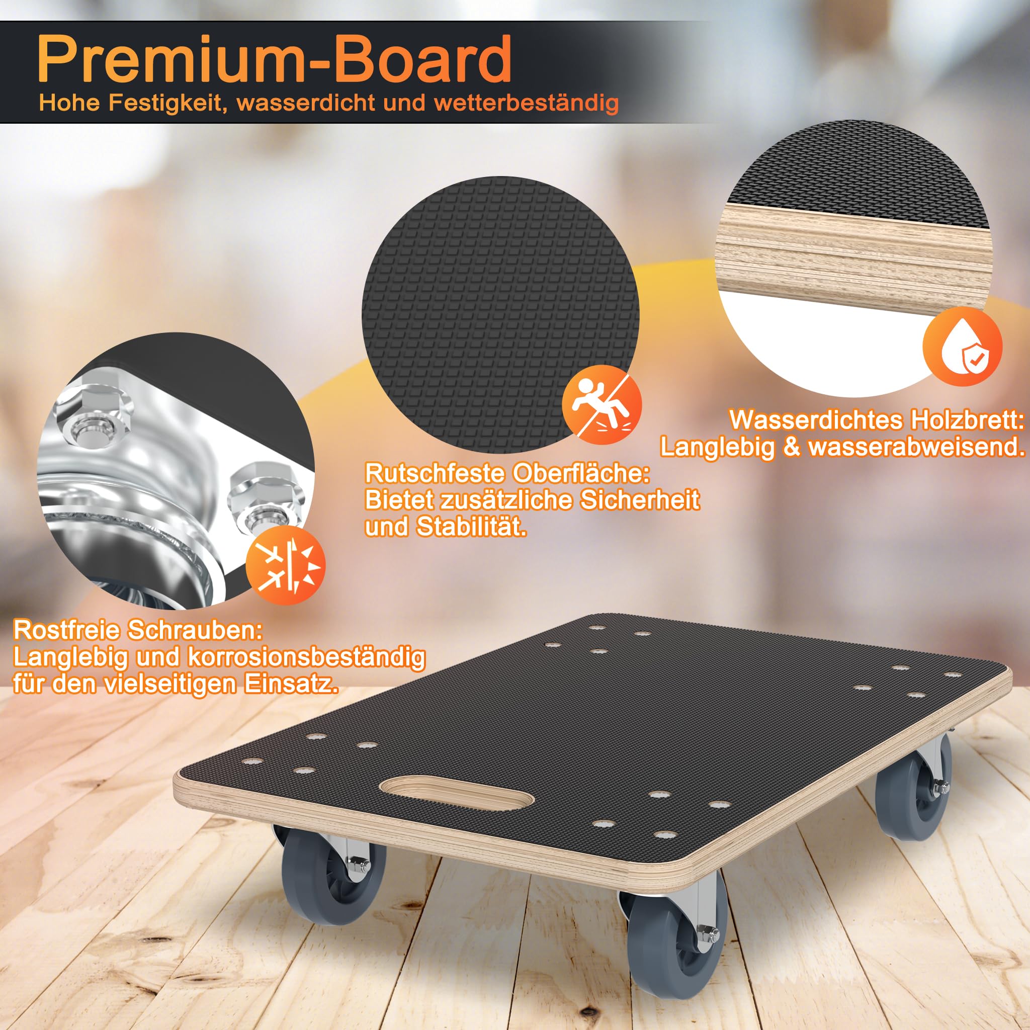 YRHome Rodillo de transporte con freno de pie, asa de freno, tabla de transporte, 60 x 40 x 14,5 cm, hasta 200 kg, resistente al agua, antideslizante, para mudanzas, muebles, perros, ruedas, 2