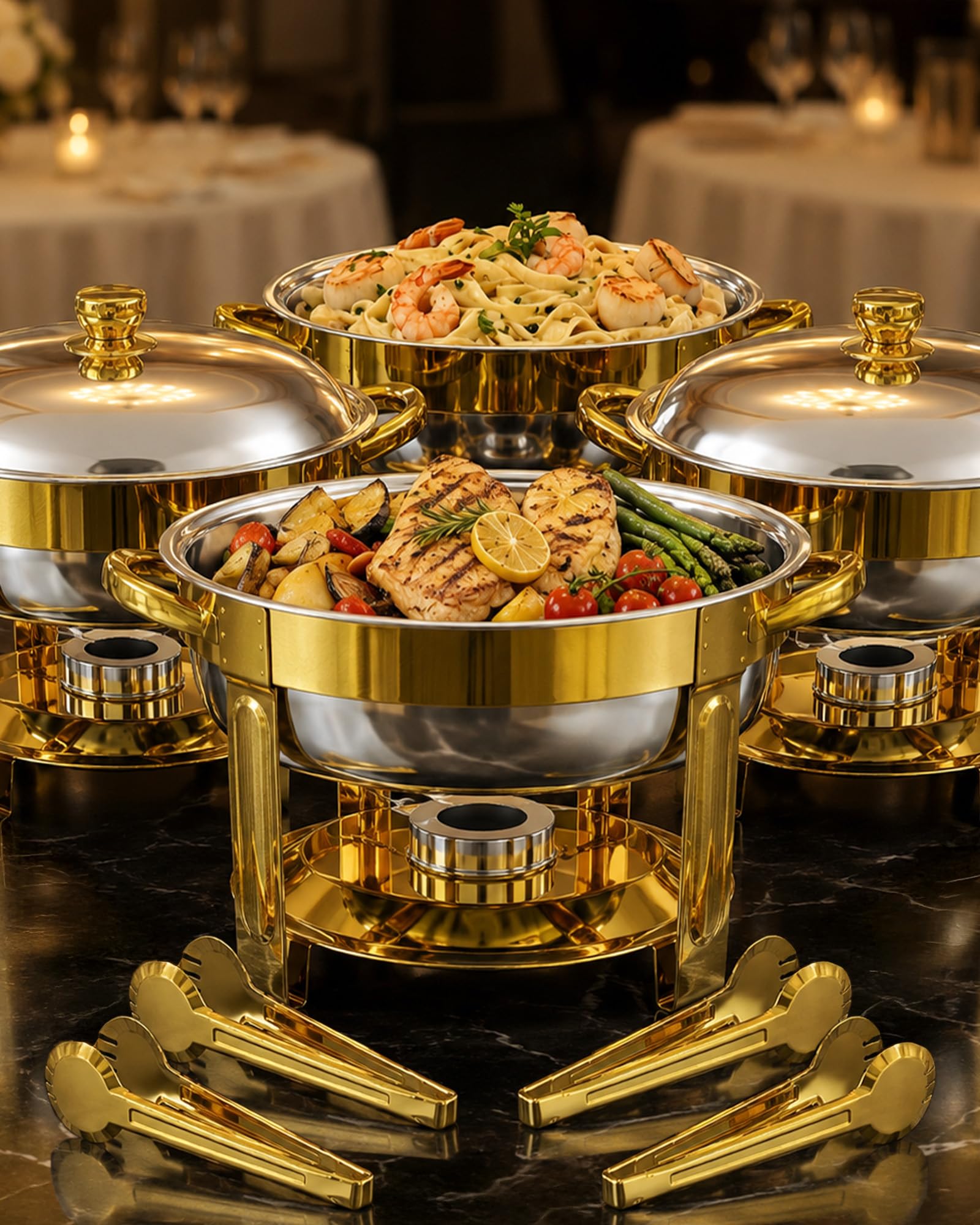 Photo 1 of Chafing Dishes for Buffet, 4 Pack 6QT Round Gold, Pre-Assembled Stands