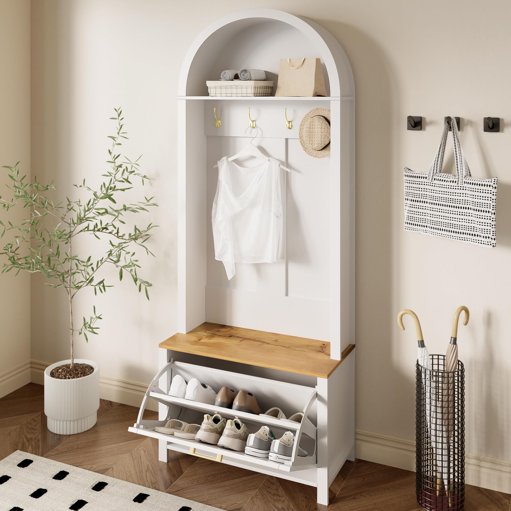 Merax Garderobe Set, Kompaktgarderobe mit Schuhregal, Ablage & Haken, 75x35x195 cm, Weiß