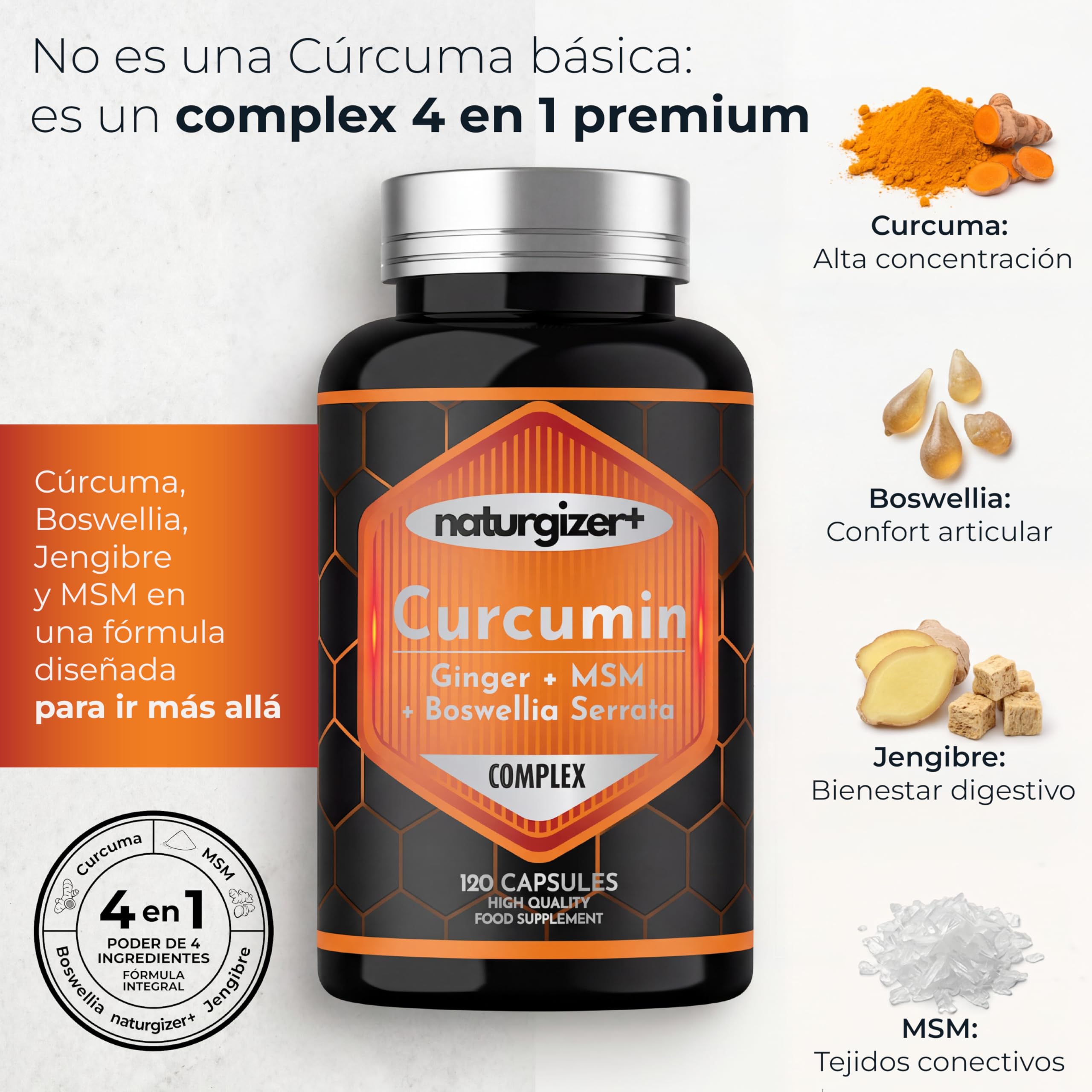 Cúrcuma LIPOSOMAL Complex con Jengibre, Boswellia, MSM | Alta Absorción | Apoyo Premium para Articulaciones, Músculos y Digestión | Curcumina en Cápsulas Vegetales |120 Cápsulas (60 Días) Naturgizer+ - 3