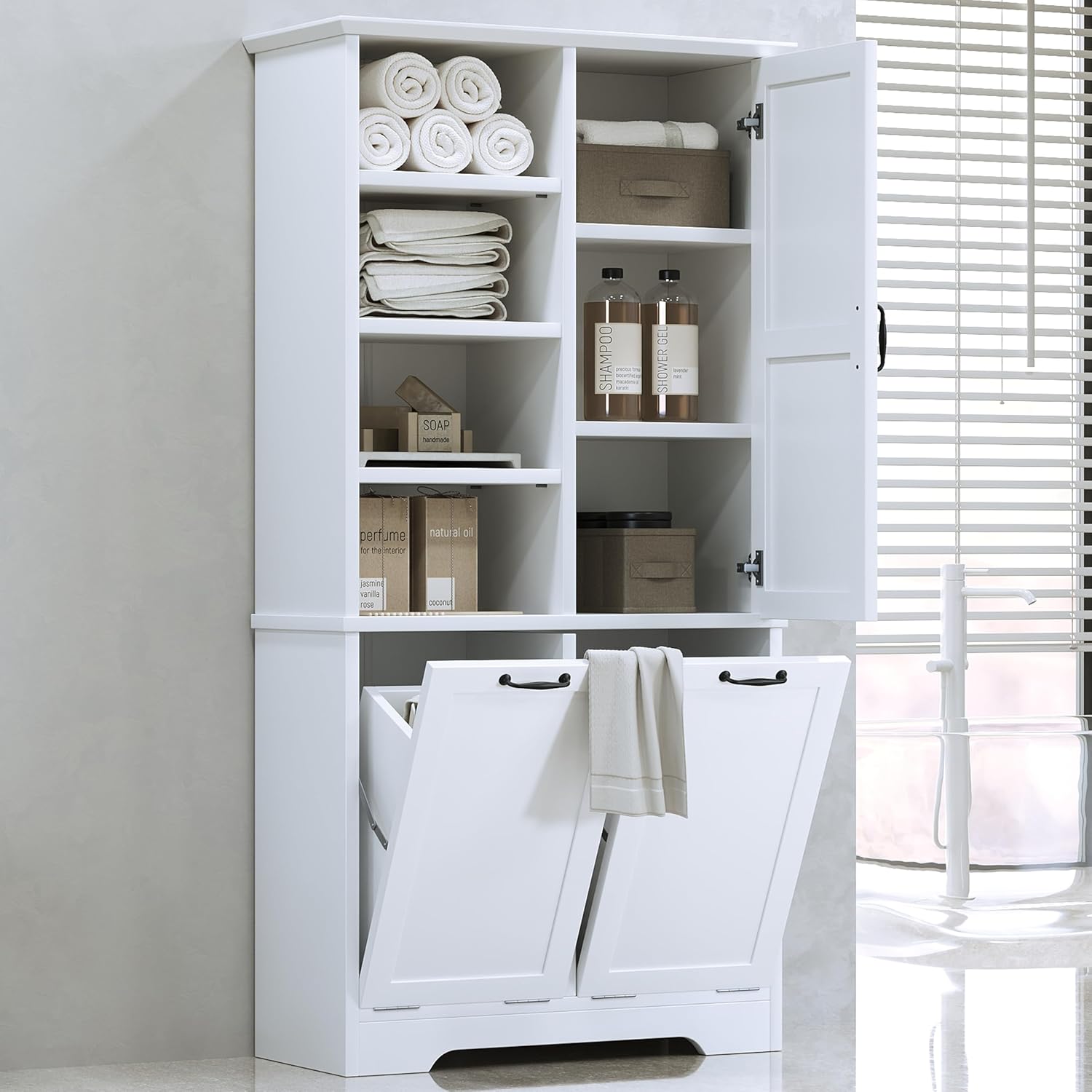 Merax Tall Freestanding Bathroom Cabinet with Tilt-Out Laundry Hamper, Adjustable Shelf & Open Storage - White, 67.5"H