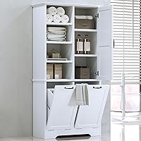 Merax Tall Freestanding Bathroom Cabinet with Tilt-Out Laundry Hamper, Adjustable Shelf & Open Storage - White, 67.5"H