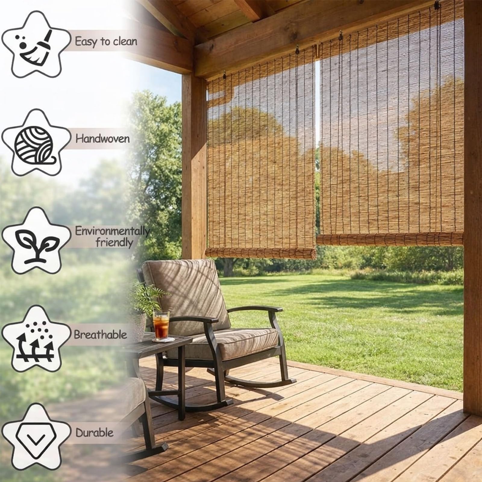 Stores de terrasse en bambou – Stores enroulables imperméables pour extérieur, stores occultants, pour porche et terrasse, 130 x 180 cm, motif bambou naturel