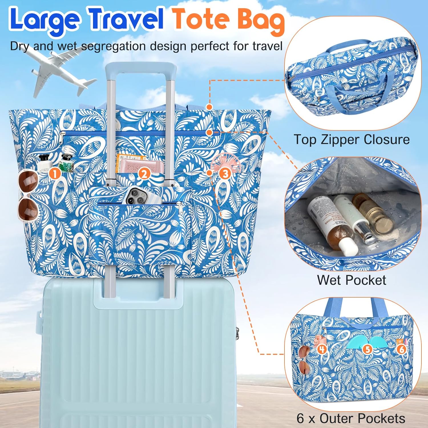 BKNOOU Extra Large Beach Bags Waterproof Sandproof XL Beach Tote Bag for Women Zipper Foldable Swim Pool Bag with Wet Pocket - Image 3