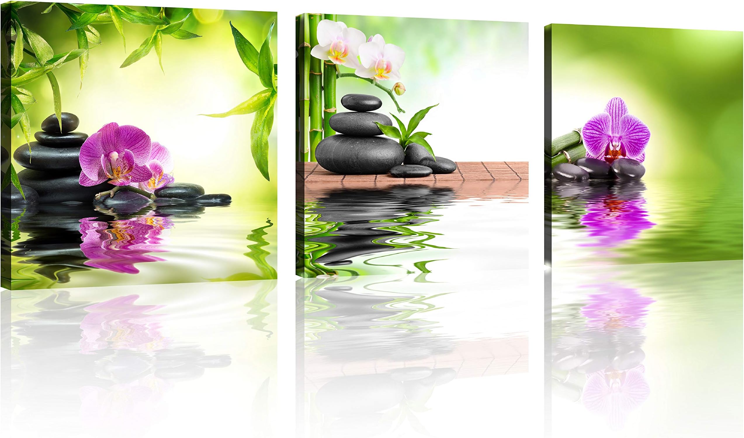 TutuBeer Zen Art 3 Panels Spa Decor Spa Stone Zen Basalt Stones and Orchid Pictures Canvas Painting Zen Pictures Prints on Canvas for Home Kitchen Wall Decor Stretched and Framed Each Panel 12x12inch
