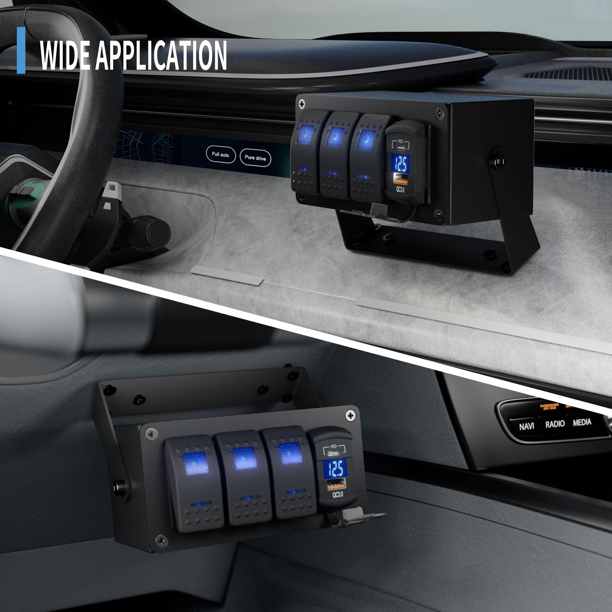 Joinfworld 3 Gang Pannello Interruttori barca IP66 Impermeabile 12V/24V,Interruttore a Levetta con 4.8A Doppio USB, LED Voltmetro,Precablato per Auto Barca Camion Camper