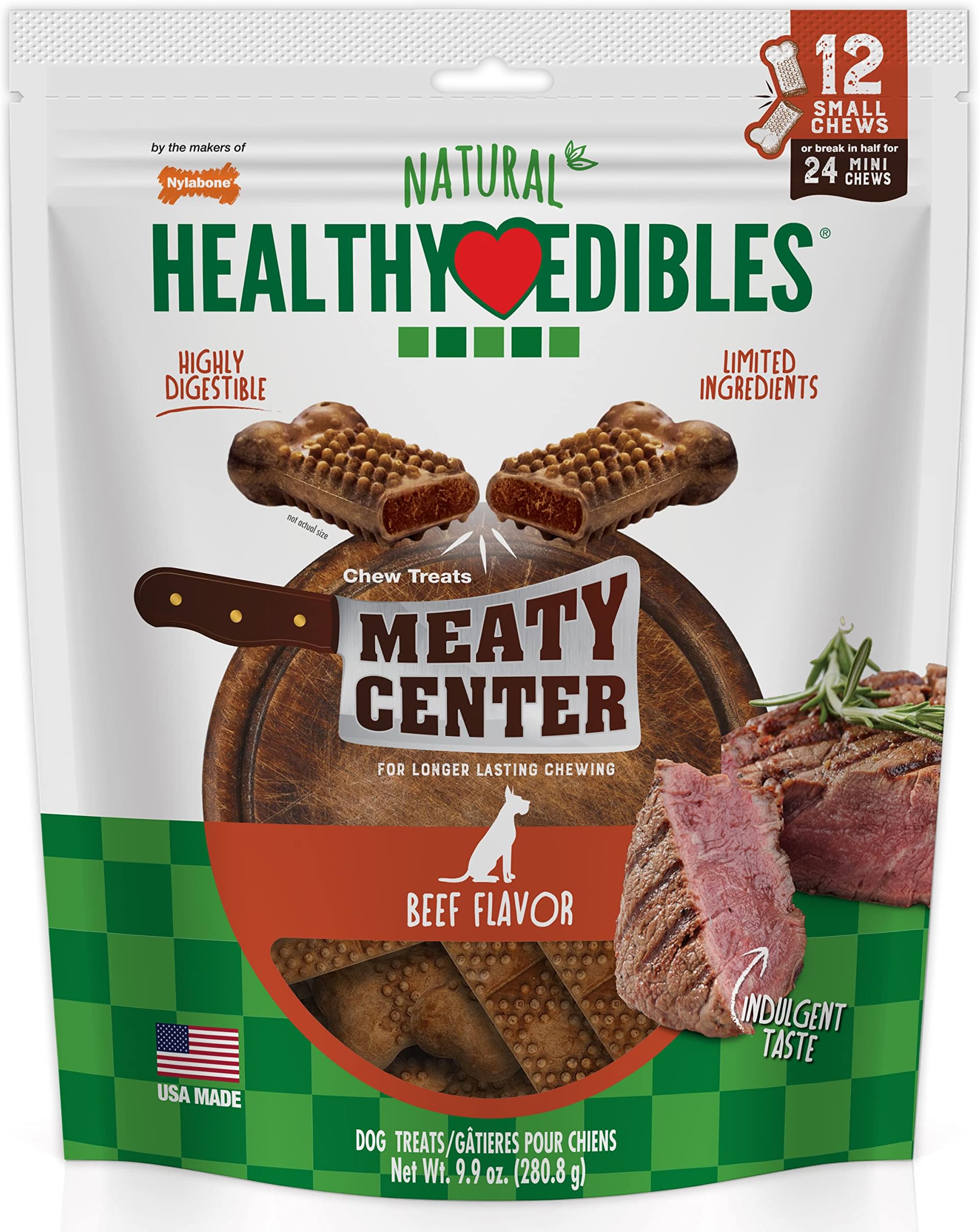 Nylabone Healthy Edibles Natural Dog Chews Long Lasting Meaty Center Beef Flavor Treats for Dogs, Small (12 Count)