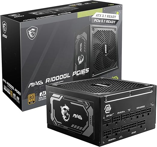 MSI MAG A1000GL PCIE 5 Gaming Power Supply - ATX 3.1 & PCIE 5.1 Ready - Full Modular - 80 Plus Gold Certified 1000W - Compact Size - ATX PSU - 10 Year Warranty