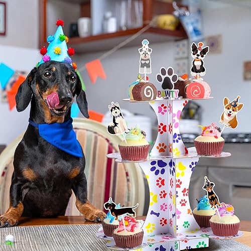 Miniatura 6 de Bokon Soporte de 3 niveles para cupcakes de perro y 24 piezas de decoración para cupcakes para perros, suministros de fiesta de cumpleaños para