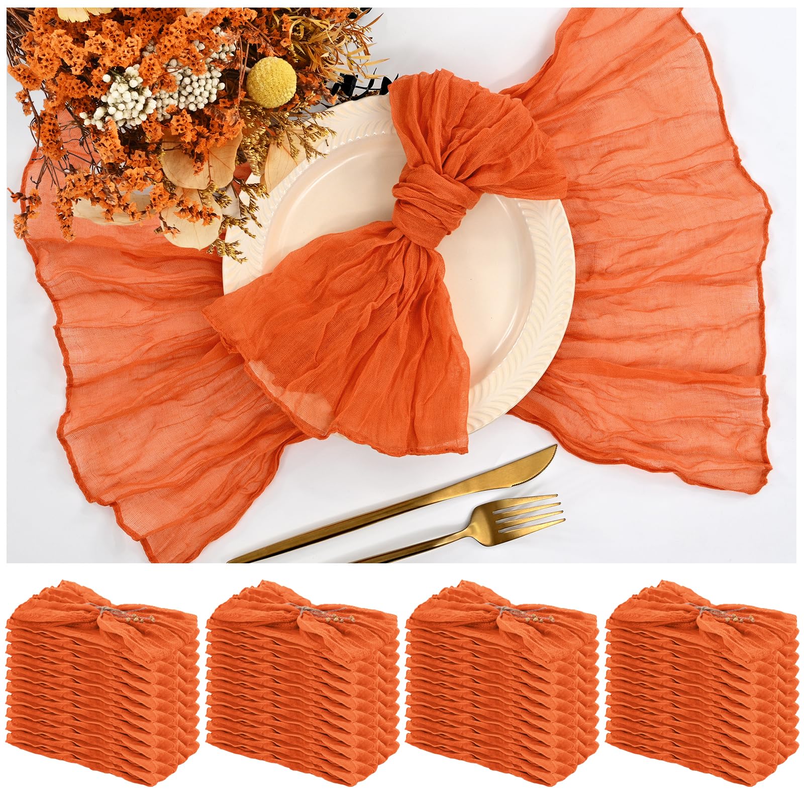 42 Pack Gaze-Käsetuch-Servietten Orange 50 x 50 cm Gebranntes Orange geknitterte Dinner-Servietten, rustikale Boho weiche Stoffservietten für Hochzeit Party Event Tischdekoration
