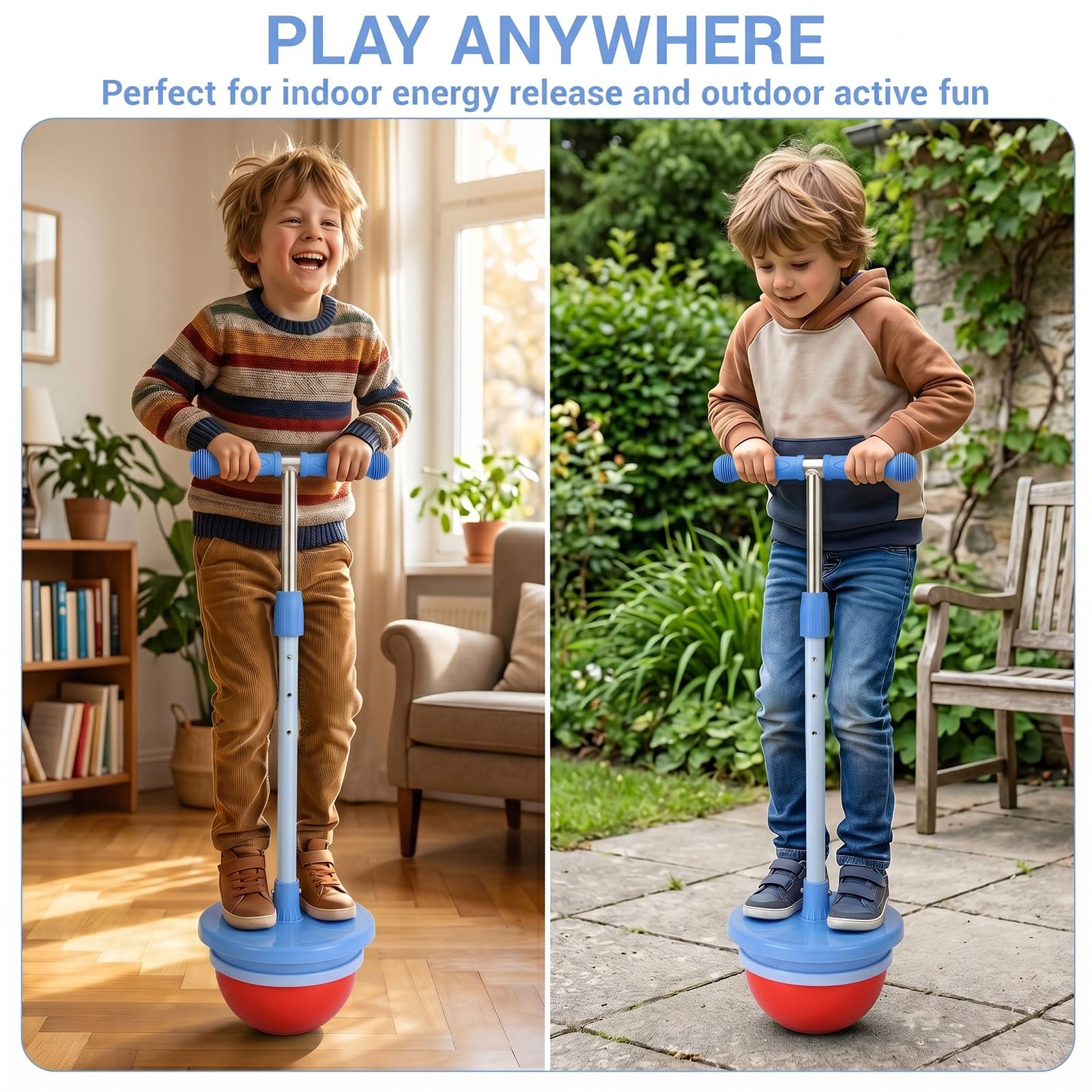 Hüpfball Kinder Höhenverstellbar - 2 In 1 Springball mit Griff - Pogo Ball Bis 300 Kg Für Kinder und Erwachsene - Outdoor Spielzeug Ab 3 4 5 6 8 Jahre - Balance und Koordination Training (Dunkelblau)