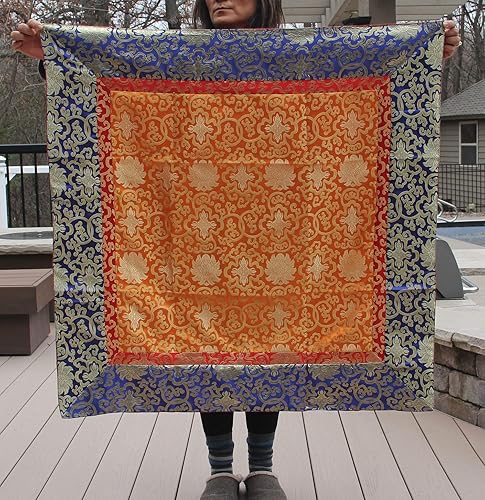 Miniatura 3 de DharmaObjects Camino de mesa de brocado de seda de loto tibetano, cubierta de santuario, mantel de altar, mantel (36 x 36 pulgadas)