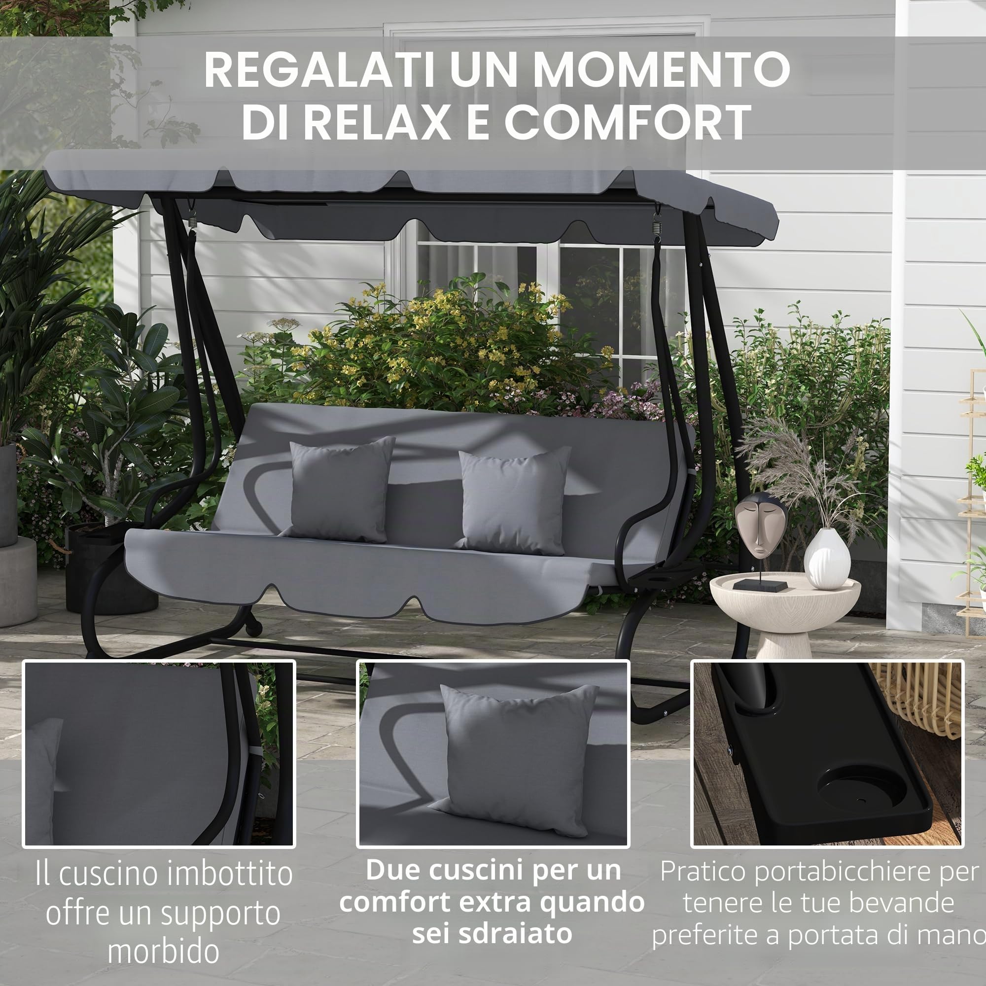 Outsunny Altalena da giardino convertibile a 3 posti Tetto regolabile inclinazione 2 ripiani Supporto 2L x 1,2l x 1,64H m metallo epossidico Nero Poliestere grigio scuro