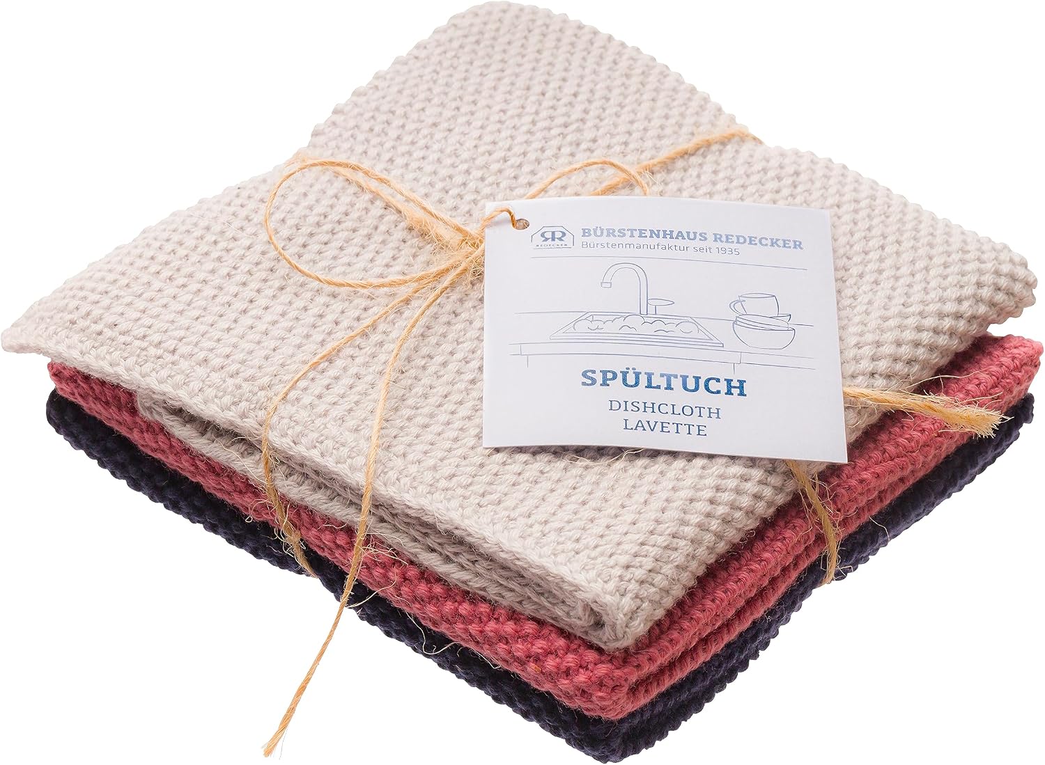 Redecker Knitted Dish Cloth, Set of 3, Machine Washable, Blue/Rose/Grey