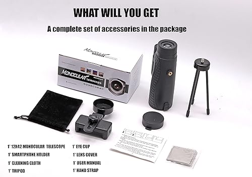 Miniatura 7 de Telescopio monocular de 12 x 42 pulgadas de alta potencia para adultos, telescopio monocular con soporte para smartphone y trípode, telescopio de