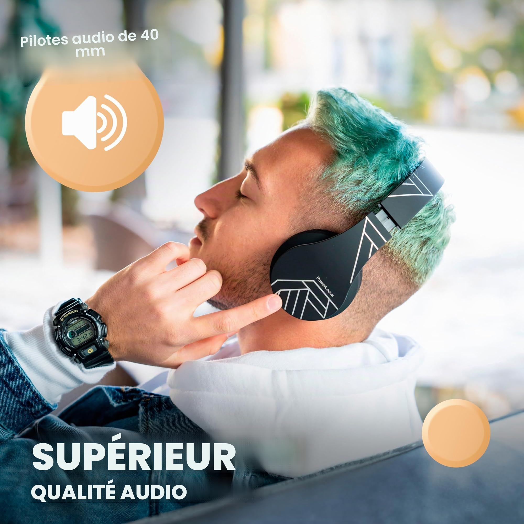 PowerLocus Casque Bluetooth sans Fil, Pliable Casque Audio Stéréo, Oreillette Bluetooth avec Micro Intégré/Micro SD/FM Radio pour Téléphones/PC/Tablettes/TV (Noir/Argent)