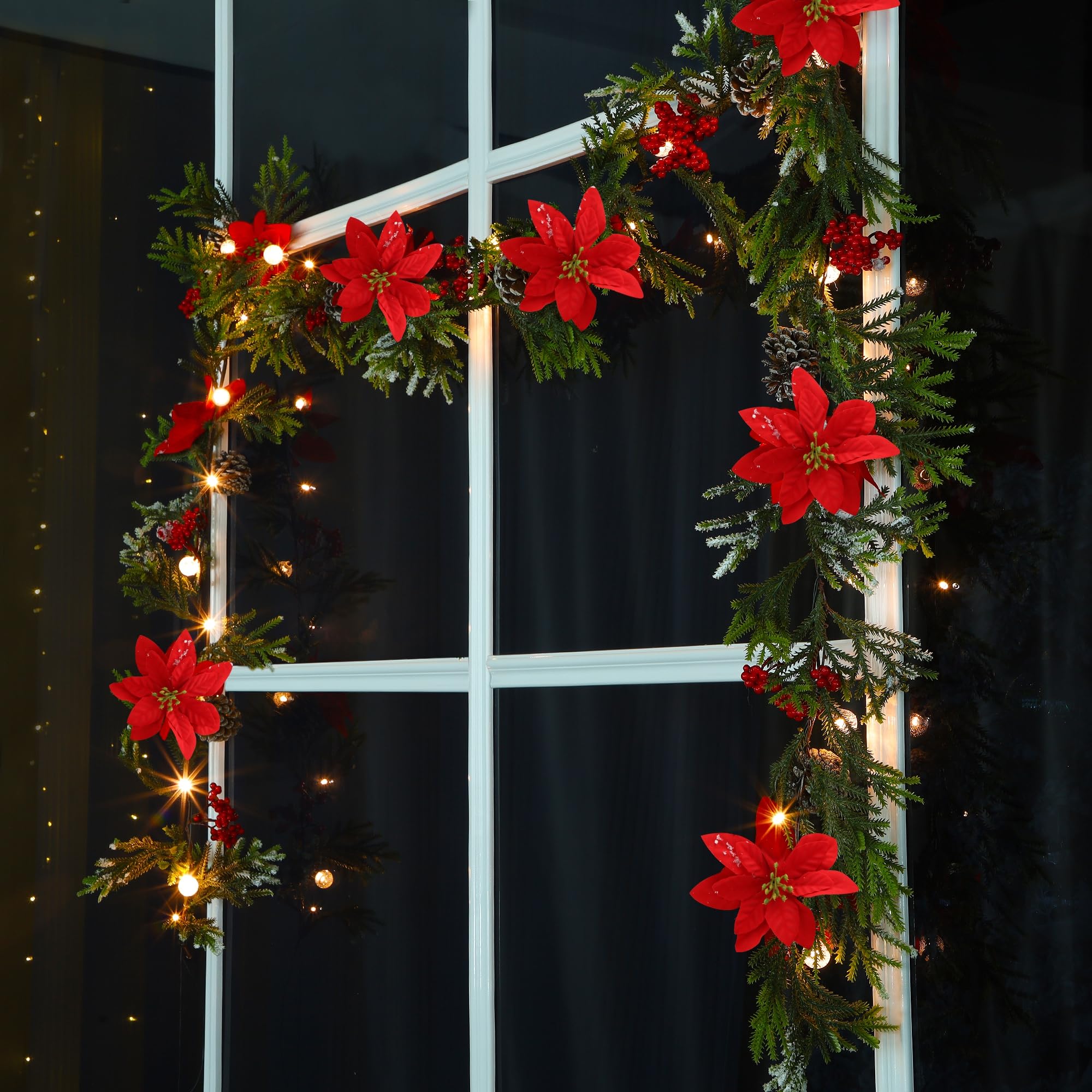 Juegoal YO-TTSZ-2 Weihnachtsgirlande, 2,7 m, beleuchtete künstliche Weihnachtsgirlanden, beleuchteter Weihnachtsstern, Fichten-Timer, batteriebetrieben, mit Lichtern, Garten, Zuhause, Winter, Neujahr,