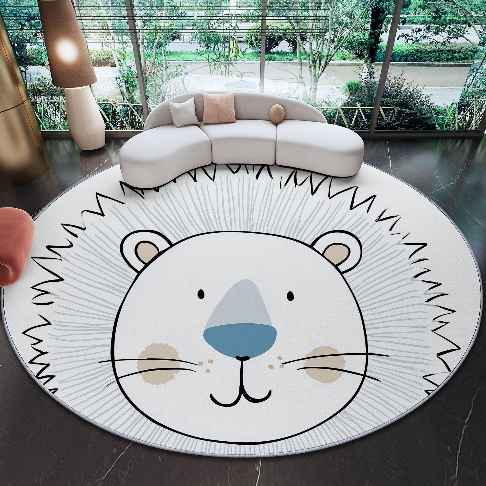 Tapis Rond Salon 120 cm Dessin Animé Lion Dessin Au Trait Animal Tapis De Sol Décoration Antidérapant pour Salon Chambre Cuisine Balcon Terrasse Salle À Manger Intérieur, Blanc