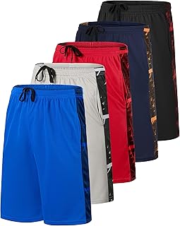 Real Essentials Boys' 5-Pack Mesh Active Athletic Performance Basketball Shorts with Pockets