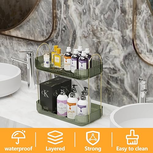 Miniatura 5 de Organizador de mostrador de baño de 2 niveles, bandeja organizadora de tocador para el cuidado de la piel, almacenamiento de cosméticos para